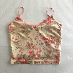 Lace‎ Trim Floral Tank Top Mesh Cropped Cami Coquette Fairy Grunge size S